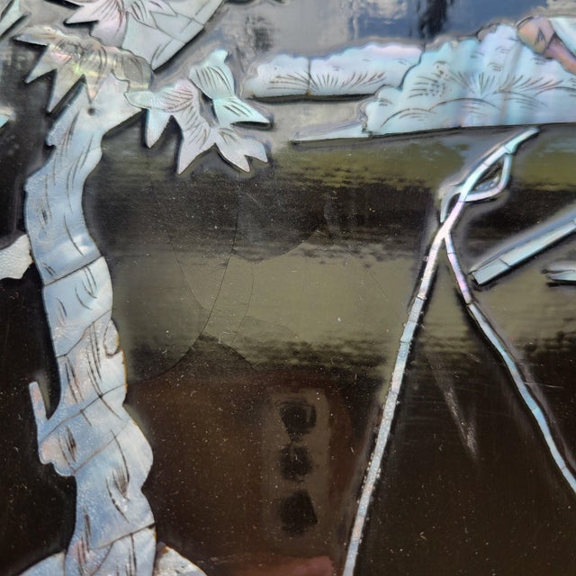 VTG Rare Set of 4 Panels Vietnamese Mother of Pearl Inlay Lacquer Fishing Hunting Plaques Farm Life MCM Sơn Mài For Sale - Image 9 of 18