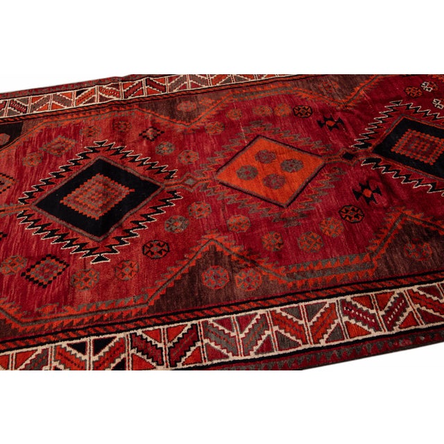 Persian Vintage Handmade Persian Red Geometric Wool Rug 5'5" X 9'1" For Sale - Image 3 of 11