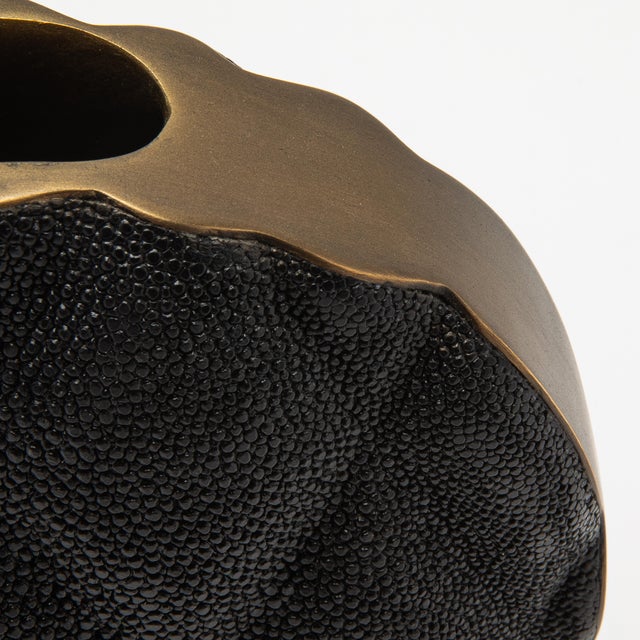 Metal Modern Quilted Vase in Black Shagreen With Brass Details by Kifu Paris For Sale - Image 7 of 7