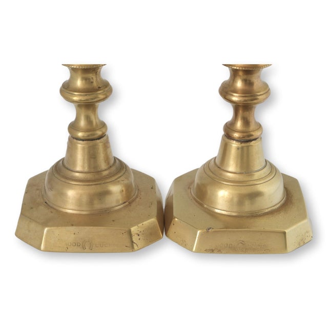 Metal Victorian 'Good Luck' Brass Candlesticks For Sale - Image 7 of 7