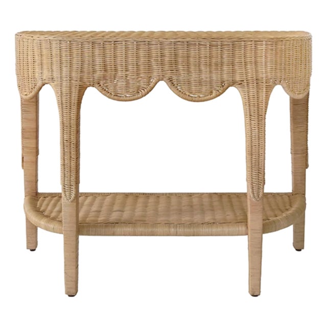 Matthew Izzo Home Paloma Demi Lune Rattan Console Table With Scalloped Top and Lower Open Shelf For Sale