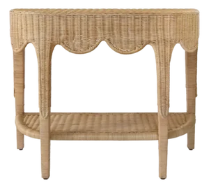 Matthew Izzo Home Paloma Demi Lune Rattan Console Table With Scalloped Top and Lower Open Shelf
