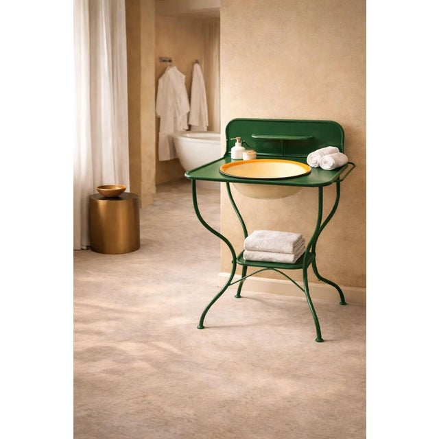 Add a unique vintage touch to your space with this rustic enamel washstand sink. This beautiful green metal stand with...
