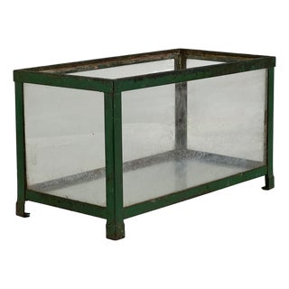 Small Antique Metal & Old Glass Terrarium in Green Patina, Decorative For Sale