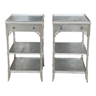 Pair of Faux Bamboo Hollywood Regency Silver End Table Nightstands For Sale