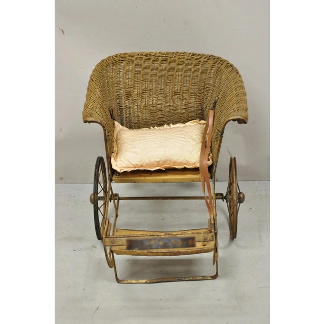 Antique Victorian Wicker & Metal Baby Carriage Pull Behind Stroller Dog Carrier For Sale - Image 4 of 12
