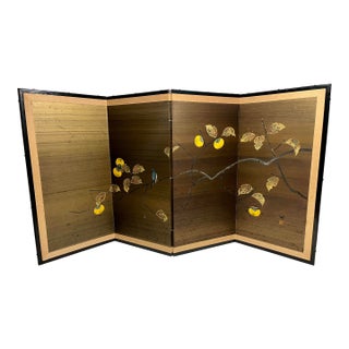 Vintage Japanese Four-Panel Byōbu Folding Silk Screen Persimmon & Bird Motif For Sale