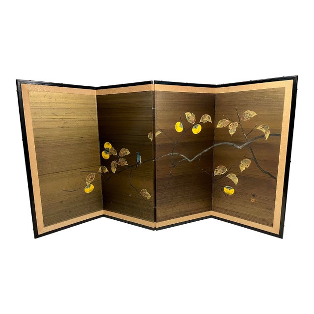 Vintage Japanese Four-Panel Byōbu Folding Silk Screen Persimmon & Bird Motif For Sale