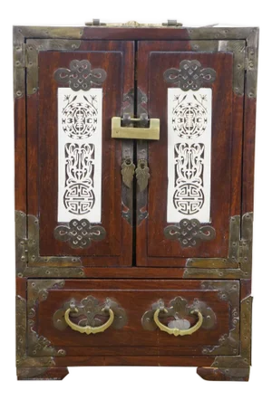 Mid 20th Century Chinese Rosewood & Brass Inlaid Locking Jewelry Box Tansu Cabinet 12"