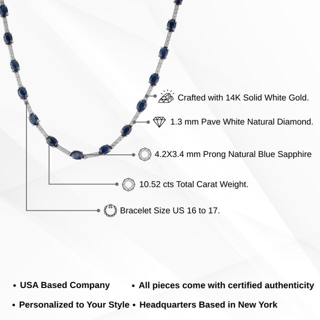 Certified 14k White Gold Natural 10.52ct Blue Sapphire & Diamond Tennis Necklace For Sale - Image 11 of 15