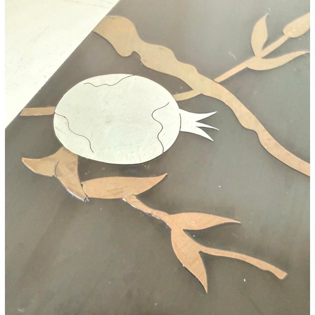 Late 20th Century Vintage Chinoiserie Lacquer Panel Featuring a Decorative Metal Inlay of a Crested Bird Perched on a Pomegranate Branch For Sale - Image 5 of 12