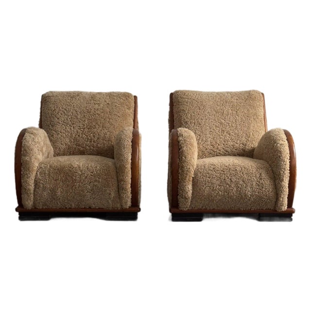 Danish Art Deco Easy Chairs in Sheepskin, Pair, c. 1940 For Sale