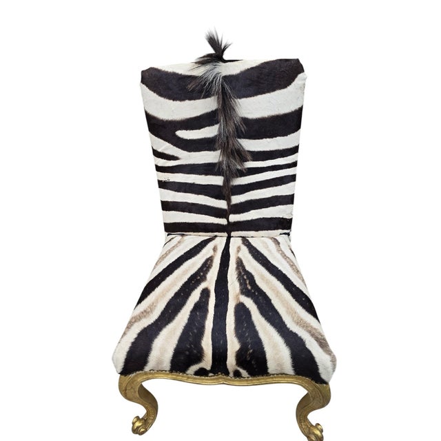 Vintage French Rococo Style Giltwood Side Chairs Newly Reupholstered in Zebra Print Cowhide - Pair Striking pair of French...