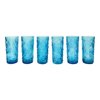 MCM Anchor Hocking Tahiti Blue Textured Highball Tumblers - Set of 6 For Sale