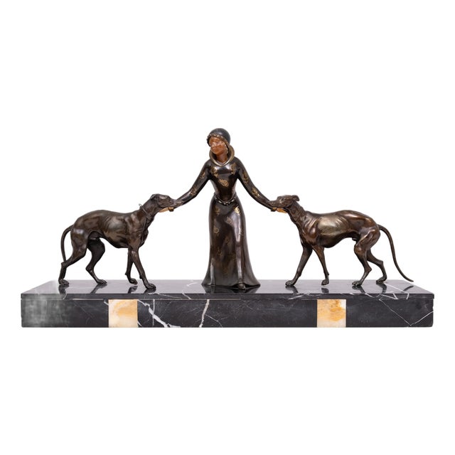 Art Deco Sculpture of Woman with Greyhounds, France, 1930s For Sale
