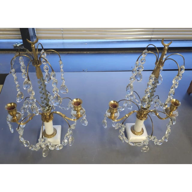 Stone Pair of Crystal and Brass Two Light Candle Table Sconces on Marble Plinth For Sale - Image 7 of 10