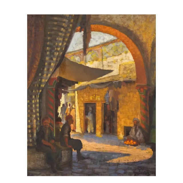 Merchants at the Bazaar Oil Painting by Jalal Gharbi (1920-2005) Frame: 40 X 34 Image: 29.75 X 23.75 Provenance:The Estate...
