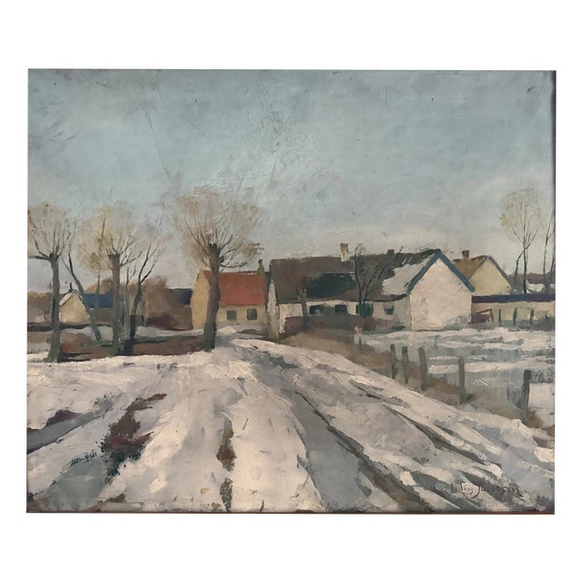 Ludvig Jacobsen, Snowy Village Path, Oil Painting on Canvas For Sale