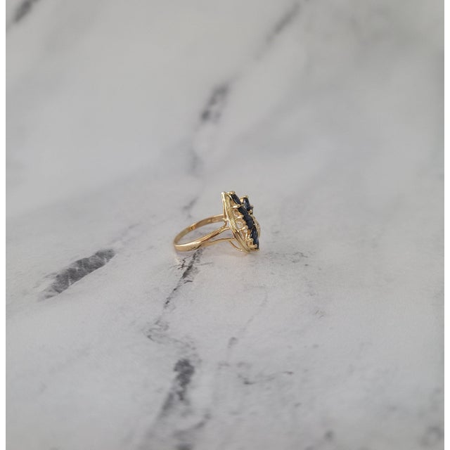 2020s One Carat Marquise Sapphire Cluster Ring w. Diamond Cluster 14k Yellow Gold, Size 9 For Sale - Image 5 of 5