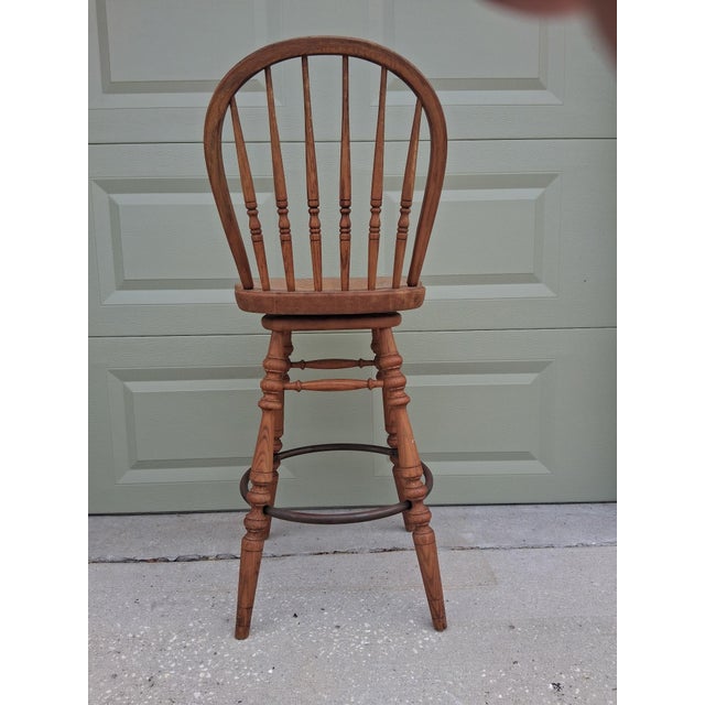 1950's Vintage American Colonial Solid Oak Swivel Bar Stools by Ethan Allen Set of 4 For Sale - Image 10 of 12