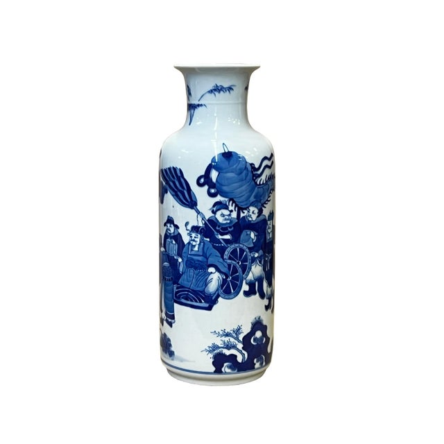Chinese Blue White Porcelain Straight Body People Theme Vase For Sale In San Francisco - Image 6 of 6