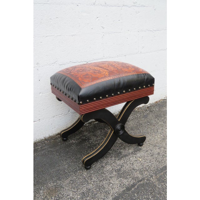 Late 20th Century Hollywood Regency Painted Leather Vanity Ottomans Footstools a Pair For Sale - Image 5 of 12
