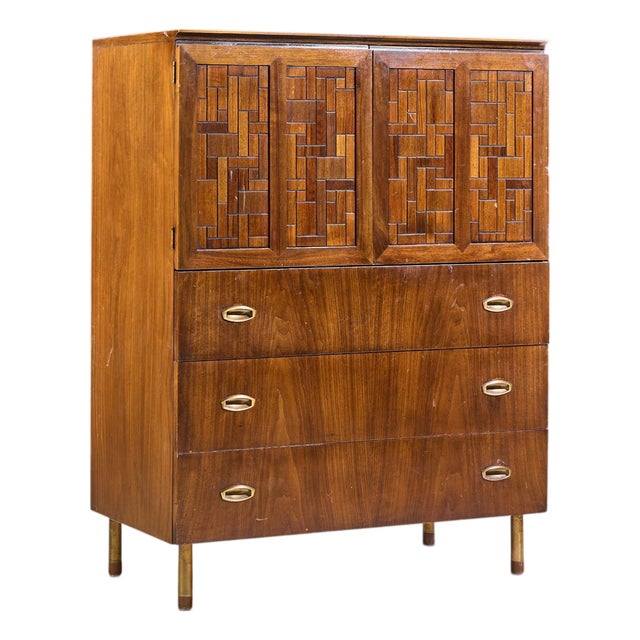 Bert England Mid Century Walnut and Brass Armoire For Sale