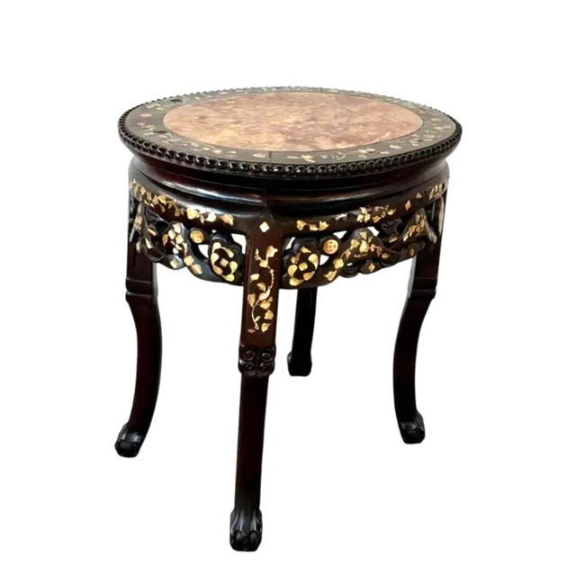 Chinese Rosewood and Mother-of-Pearl Inlaid Marble Top Plant Stand For Sale In Tampa - Image 6 of 16