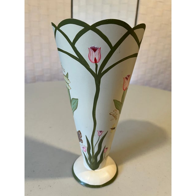 Vintage Chinoiserie Tole hand painted vase with tulips, bees & butterflies. Charming example of mid-century tole hand...