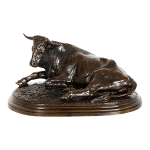 French Antique Bronze Sculpture “Resting Bull” by Rosa Bonheur Ca. 1870-90