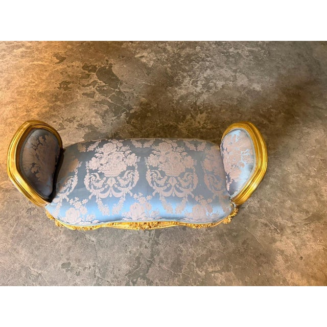 Vintage French Boudoir Bench Blue Damask Upholstery For Sale - Image 4 of 7