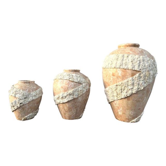 Set of Three Large Postmodern Tasselated Mactan Stone Floor Vases. Circa 1980s For Sale