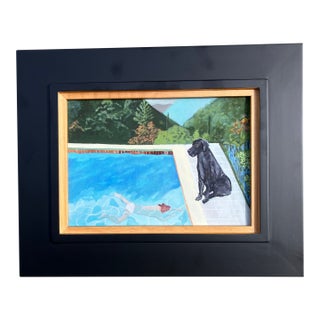 Contemporary Hockney Inspired Black Lab Small Dog Print by Judy Henn Framed For Sale