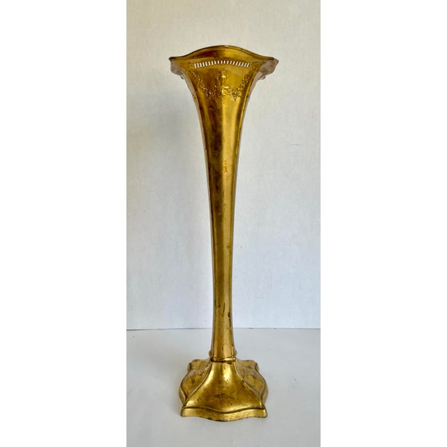 Antique Art Nouveau Gilt Metal Trumpet Altar Vase With Floral Relief For Sale - Image 12 of 14
