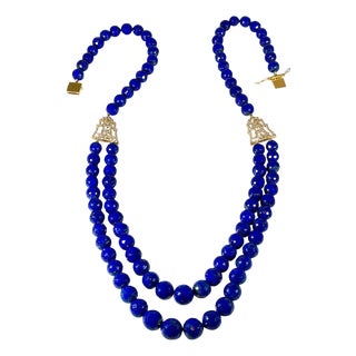 Vintage Lapis Lazuli Double Strand Diamond Necklace 14 Kt Yellow Gold Clasp For Sale