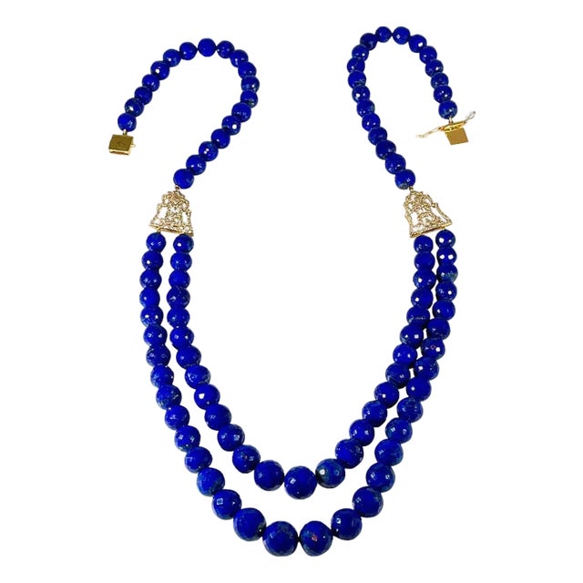 Vintage Lapis Lazuli Double Strand Diamond Necklace 14 Kt Yellow Gold Clasp For Sale