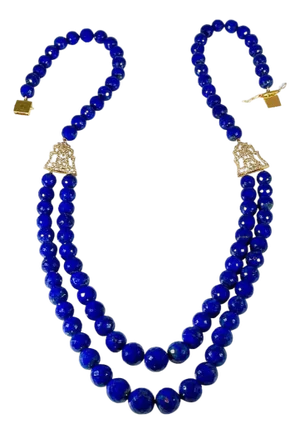 Vintage Lapis Lazuli Double Strand Diamond Necklace 14 Kt Yellow Gold Clasp