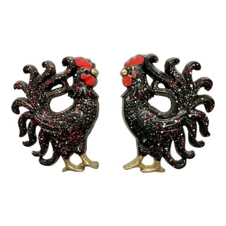1950s Vintage Boho Chic Farmhouse Rooster Sculptural Wall Objects, Splattered Finish - A Pair. For Sale