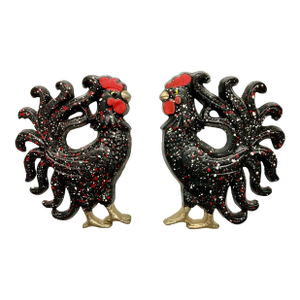 1950s Vintage Boho Chic Farmhouse Rooster Sculptural Wall Objects, Splattered Finish - A Pair.