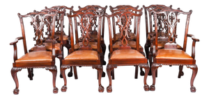 Antique Chippendale Mahogany Dining Chairs 1900s, Set of 12