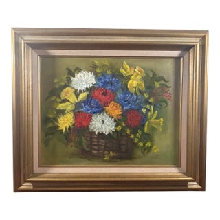 Mid 20th Century Louise Johnson Artist Colorful Flowers in a Basket For Sale