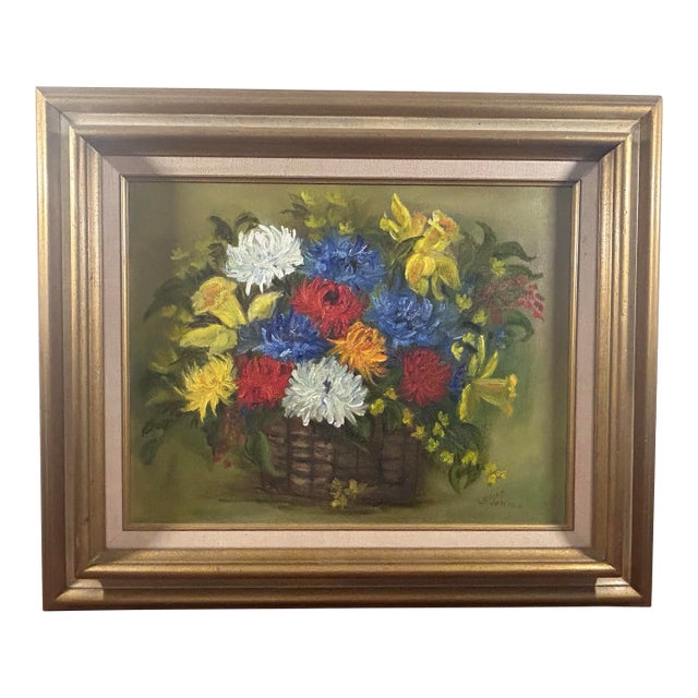 Mid 20th Century Louise Johnson Artist Colorful Flowers in a Basket For Sale