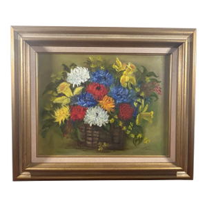 Mid 20th Century Louise Johnson Artist Colorful Flowers in a Basket