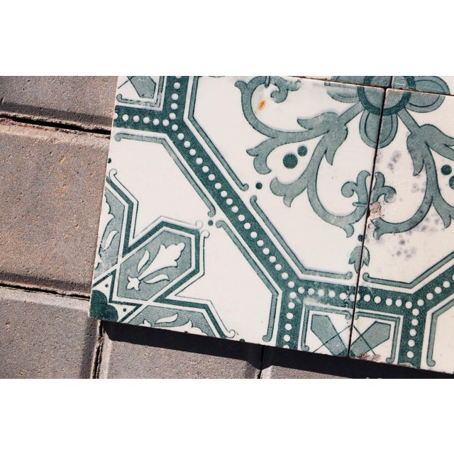 Ceramic Art Deco Tiles Set of 8 Large Portuguese Sage Green & White Floral Geometric Design c.1920s For Sale - Image 7 of 16