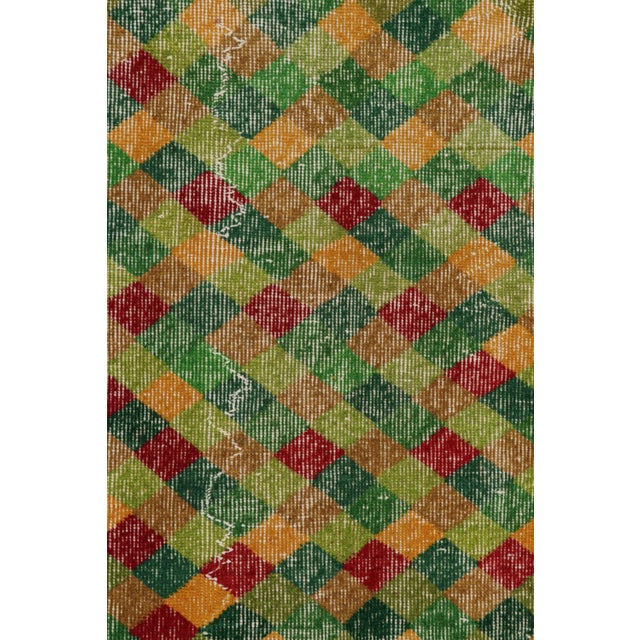 Traditional 1960s Vintage Art Deco Rug in Green, Yellow, Red Distressed Geometric Pattern For Sale - Image 3 of 7