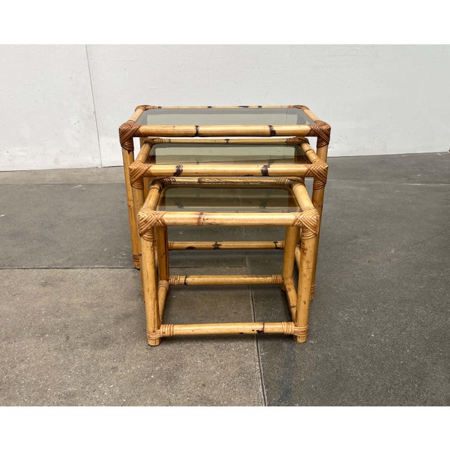 Mid-Century Modern Bamboo and Glass Nesting Tables, 1960s, Set of 3 For Sale - Image 11 of 18