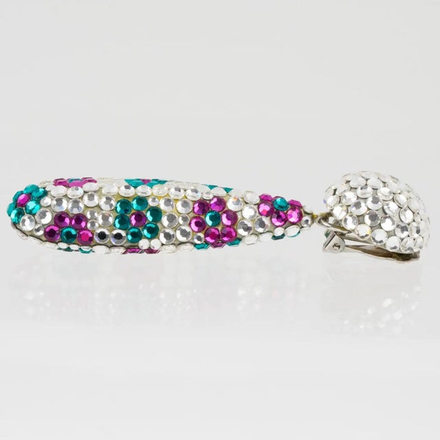 Silver Richard Kerr Floral Jeweled Clip Earrings in Turquoise and Fuchsia Crystal For Sale - Image 8 of 8