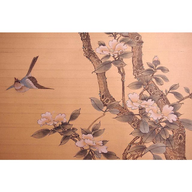 Antique Japanese Painted Silk Panel with Flowers and Birds Decor, 1900s For Sale - Image 3 of 7