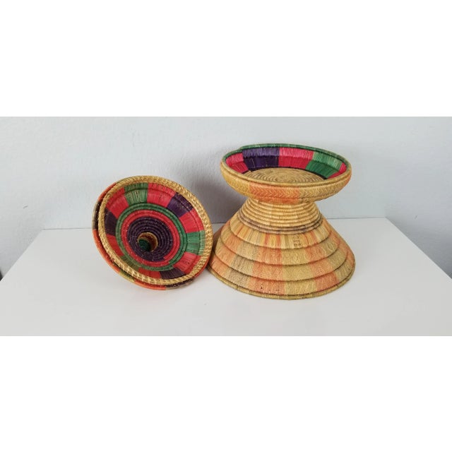 African Vintage Artisanal African Hand Woven Pedestal Bowl With Lid/Sold For Sale - Image 3 of 9