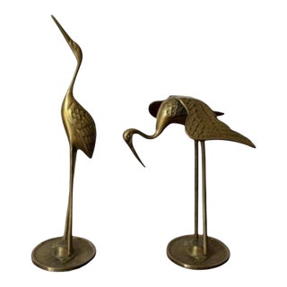 Pair of Vintage Mid-Century Solid Brass Crane Heron Sculptures For Sale